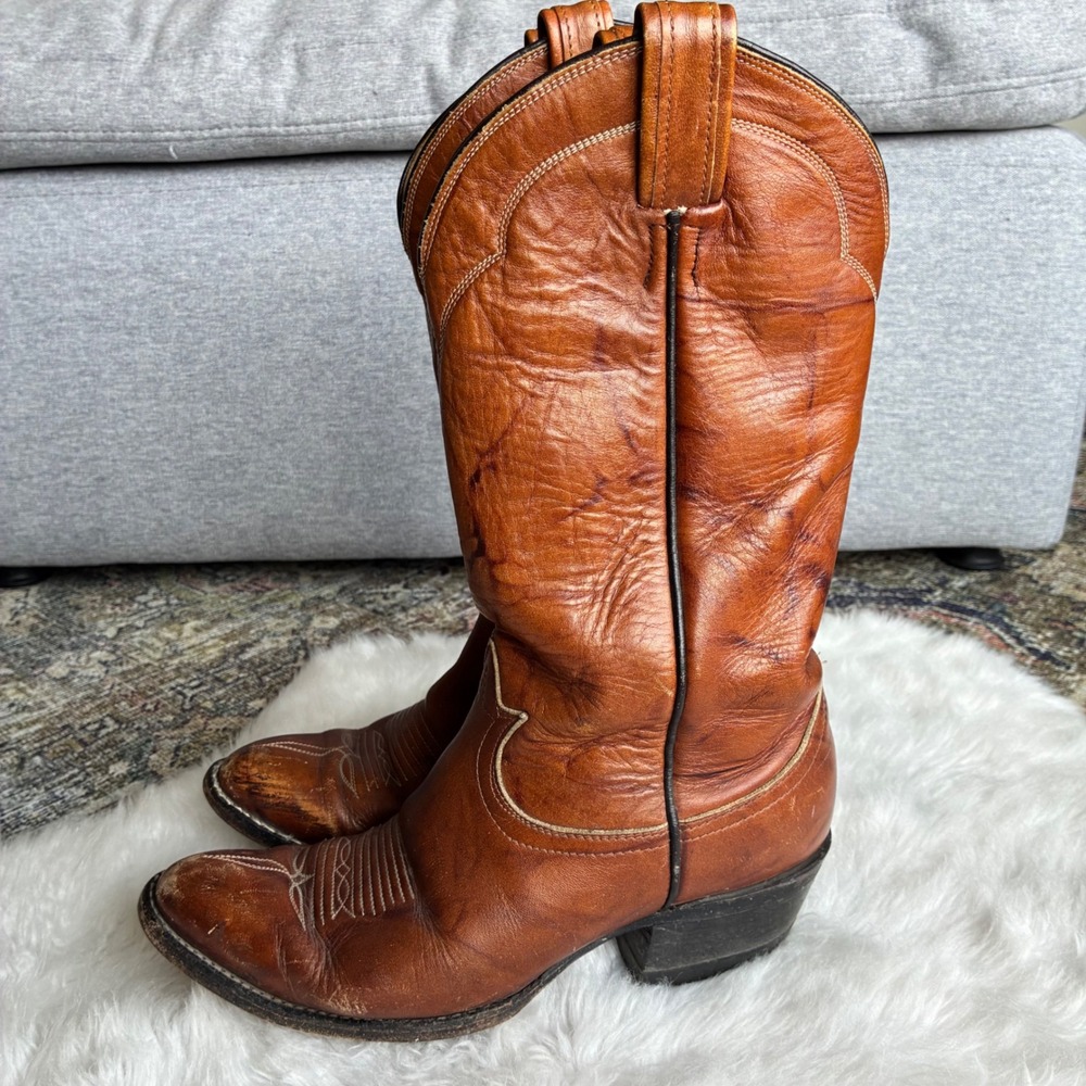 Vintage Tony Lama 5084 Cowboy Boots Men's 7.5D Brown Leather Western USA